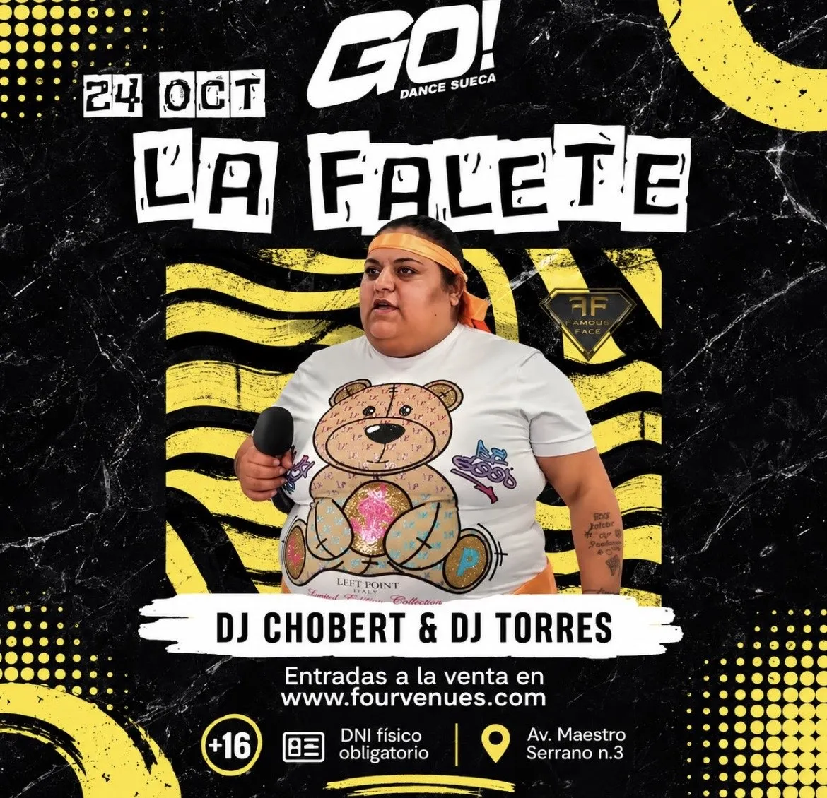 Cartel original: La Falete, 24 de octubre, GO! Dance Sueca, DJ Chobert y DJ Torres